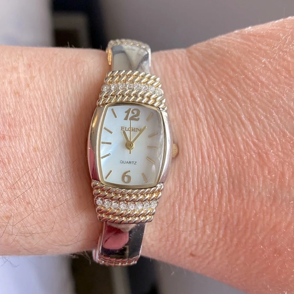 Working! Ladies Elgin 2 Tone Clamper Bracelet Minimalist Watch